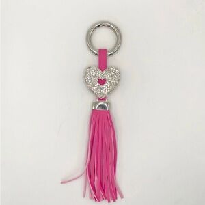 Pink Faux Leather Fringe Silver Heart Purse Charm with Faux Jewels NWOT